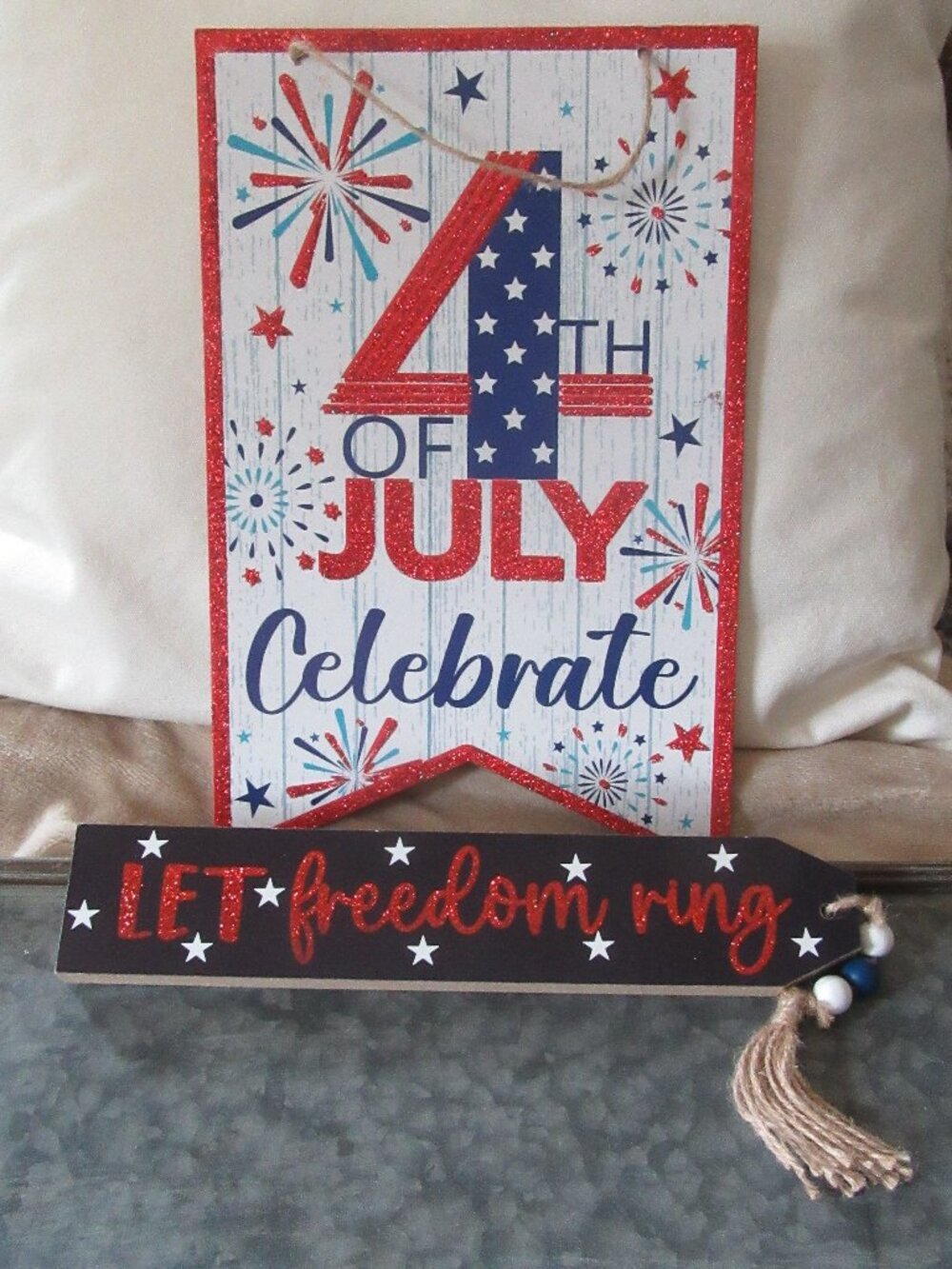 Vintage 4th of July hanging wood plaque and Let Freedom Ring shelf sitter